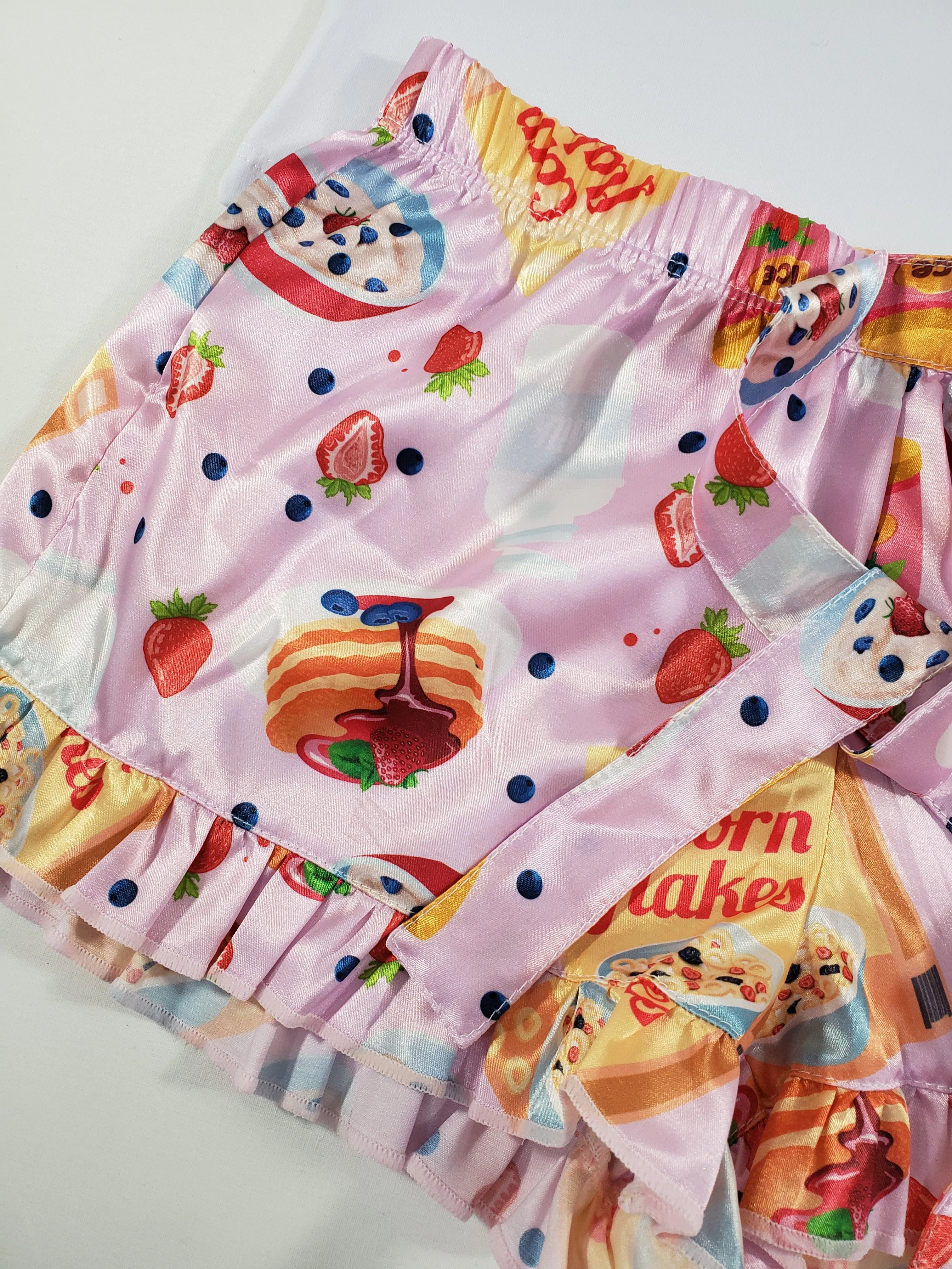 Mellow Women's pajama set pink satin shorts breakfast cereal theme white blouse