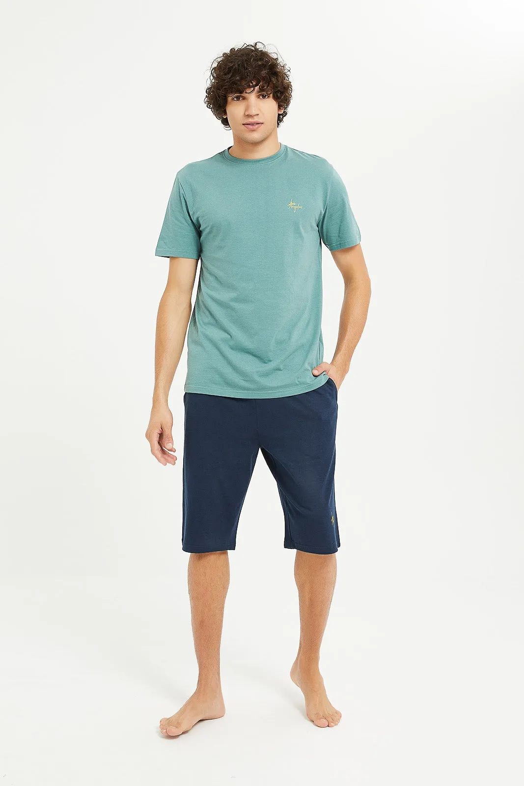 Men Green And Navy Plain Pyjama Set (2 Piece)