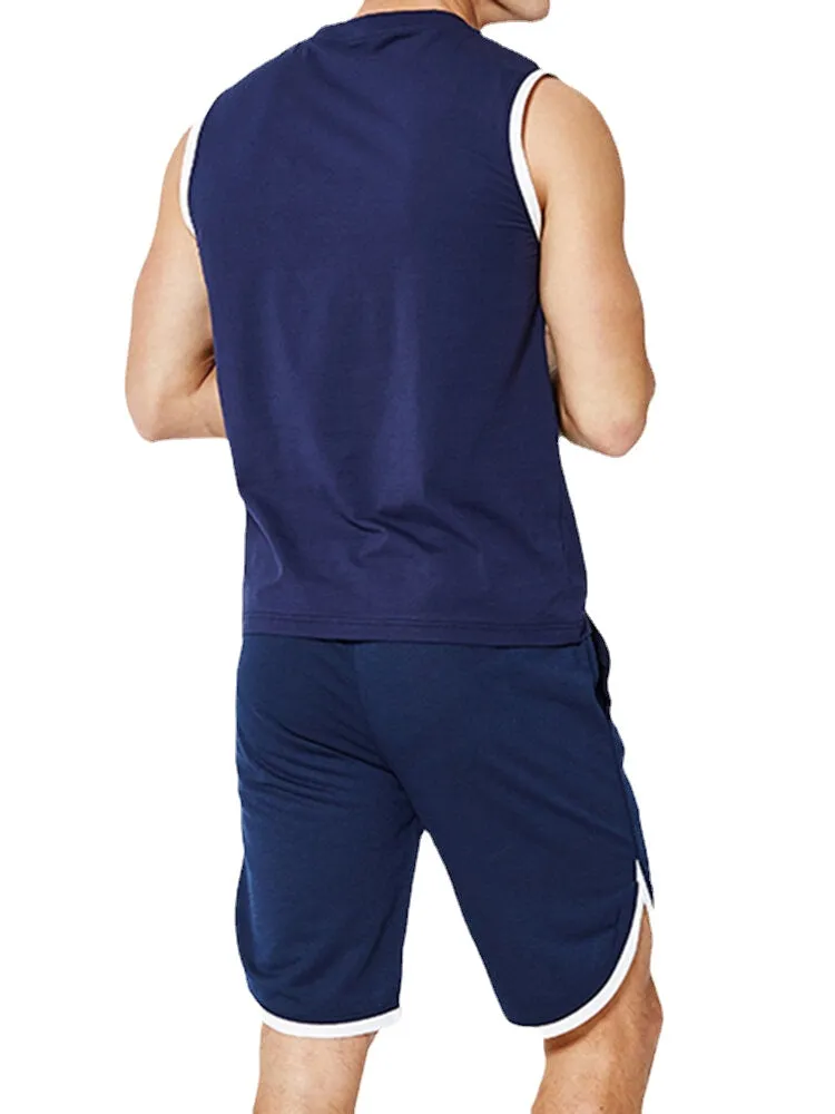 Men Sport Pocket Solid Color Fit Comfy Elastic Waist Home Pajama Set