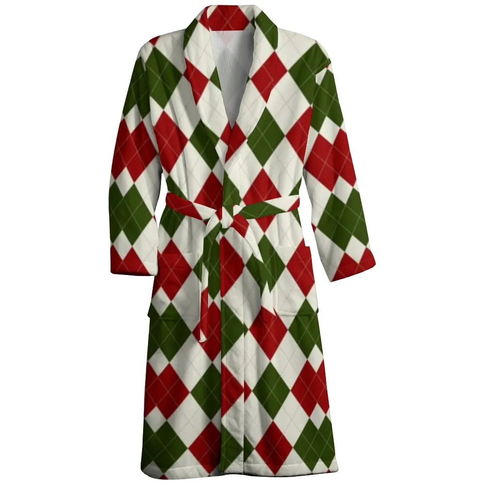 Mens Belt Christmas Argyle Check Print Fleece Lounge Robe