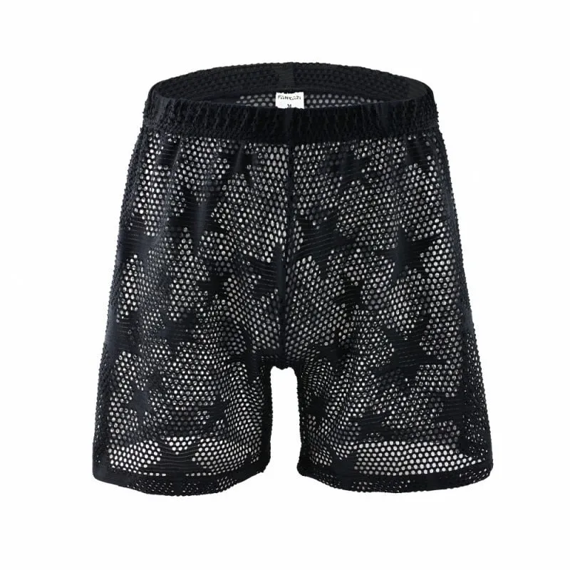 Men's Breathable Star Embroidered See Through Mesh Home Shorts