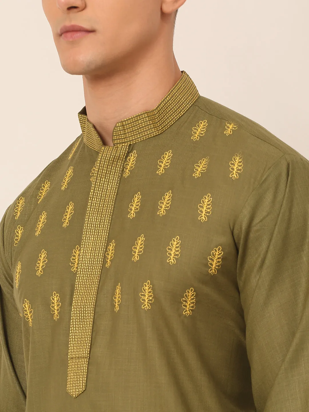 Men's Olive Green Embroidered Kurta Pajama Sets