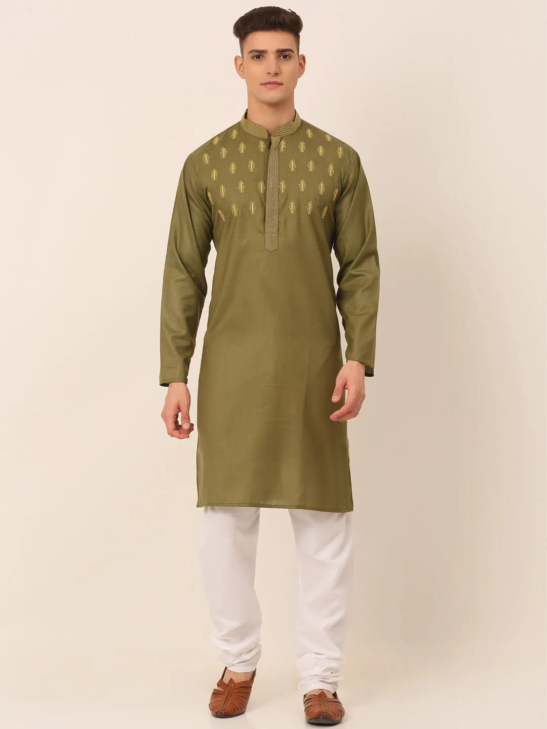 Men's Olive Green Embroidered Kurta Pajama Sets