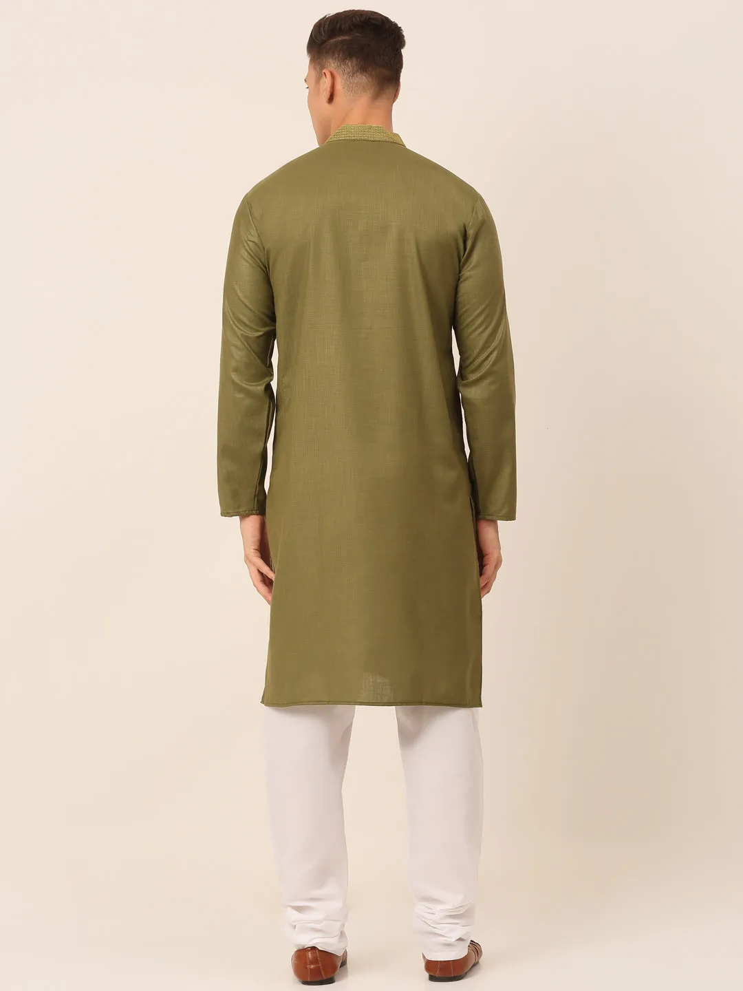 Men's Olive Green Embroidered Kurta Pajama Sets