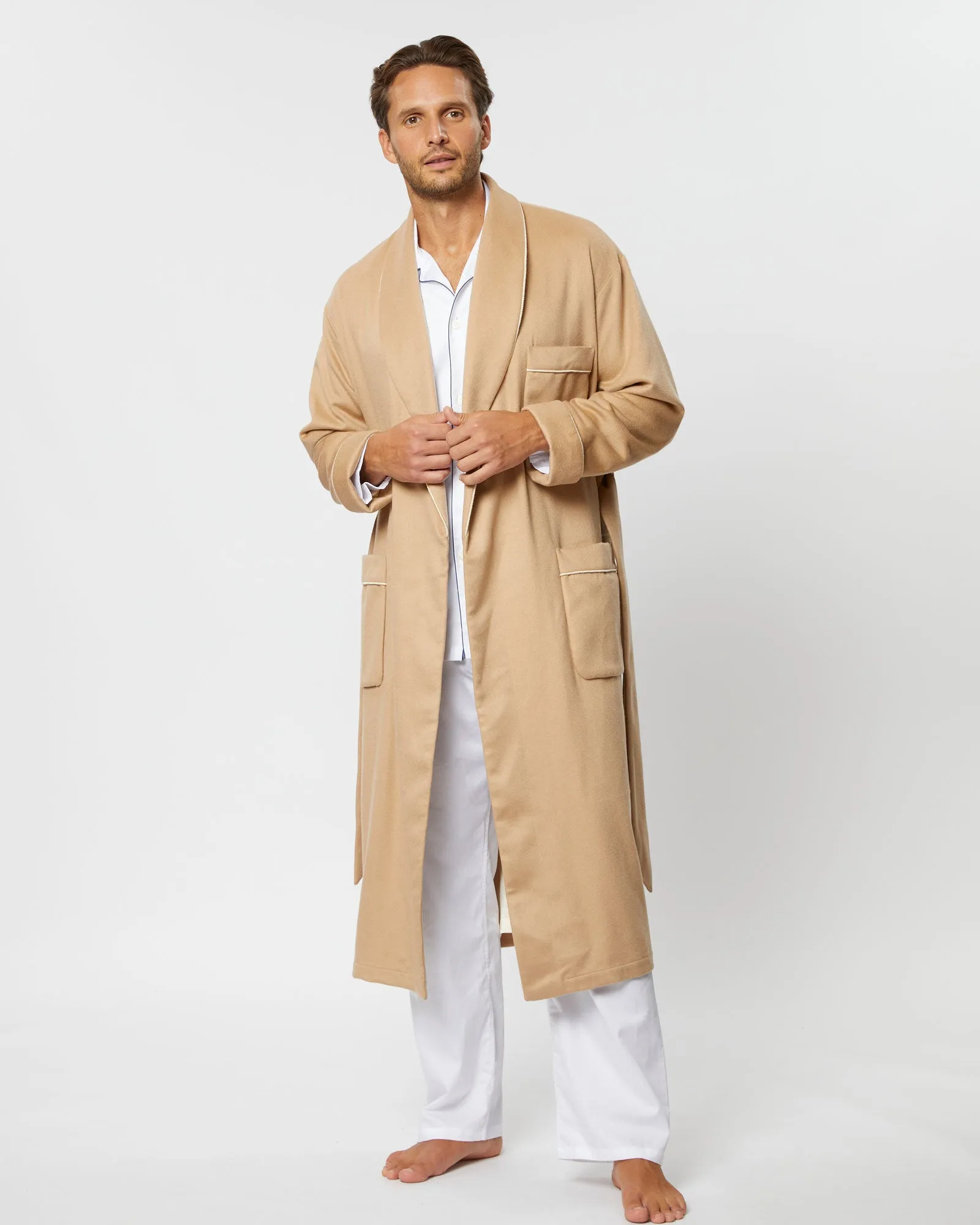 Men's Silk Lined Cashmere Robe - Camel