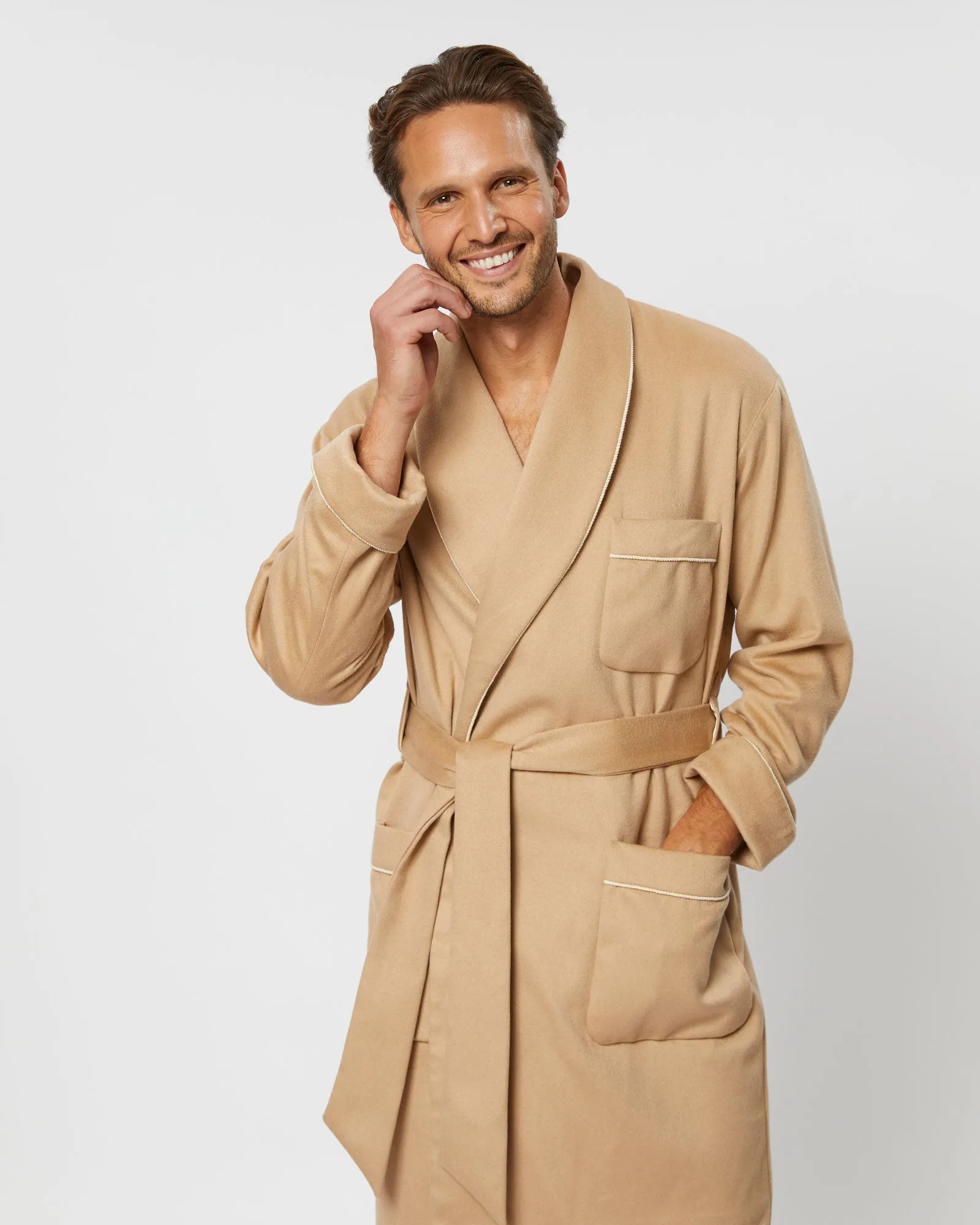 Men's Silk Lined Cashmere Robe - Camel