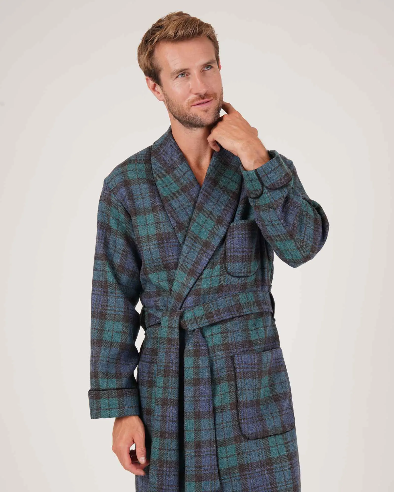 Men's Silk-Lined Wool Robe - Vintage Blackwatch