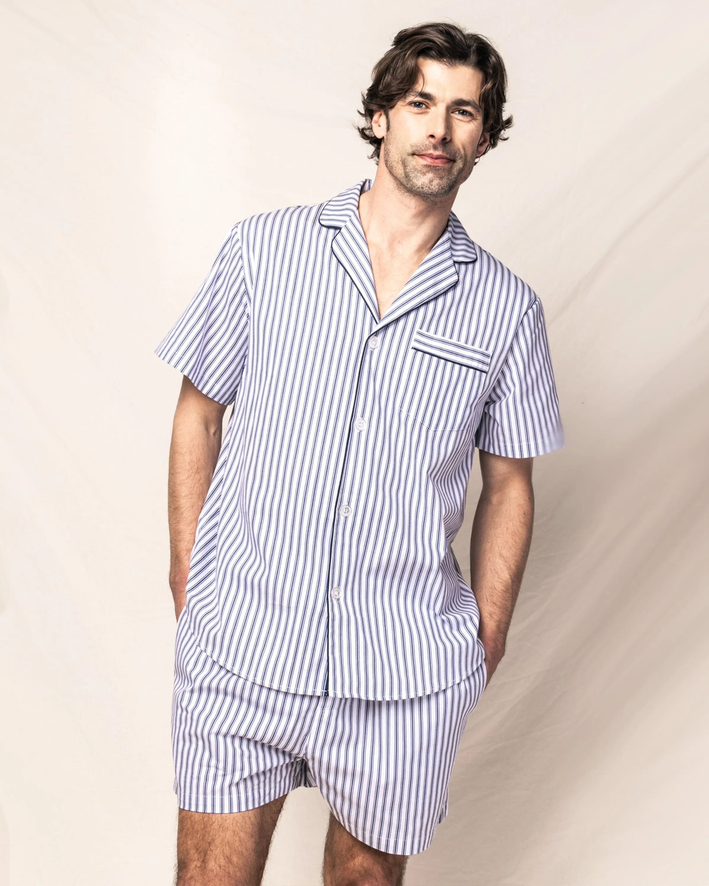 Men's Twill Pajama Short Set | Navy French Ticking