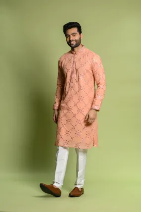 Peach Chiffon Kurta Set in Mirror Work