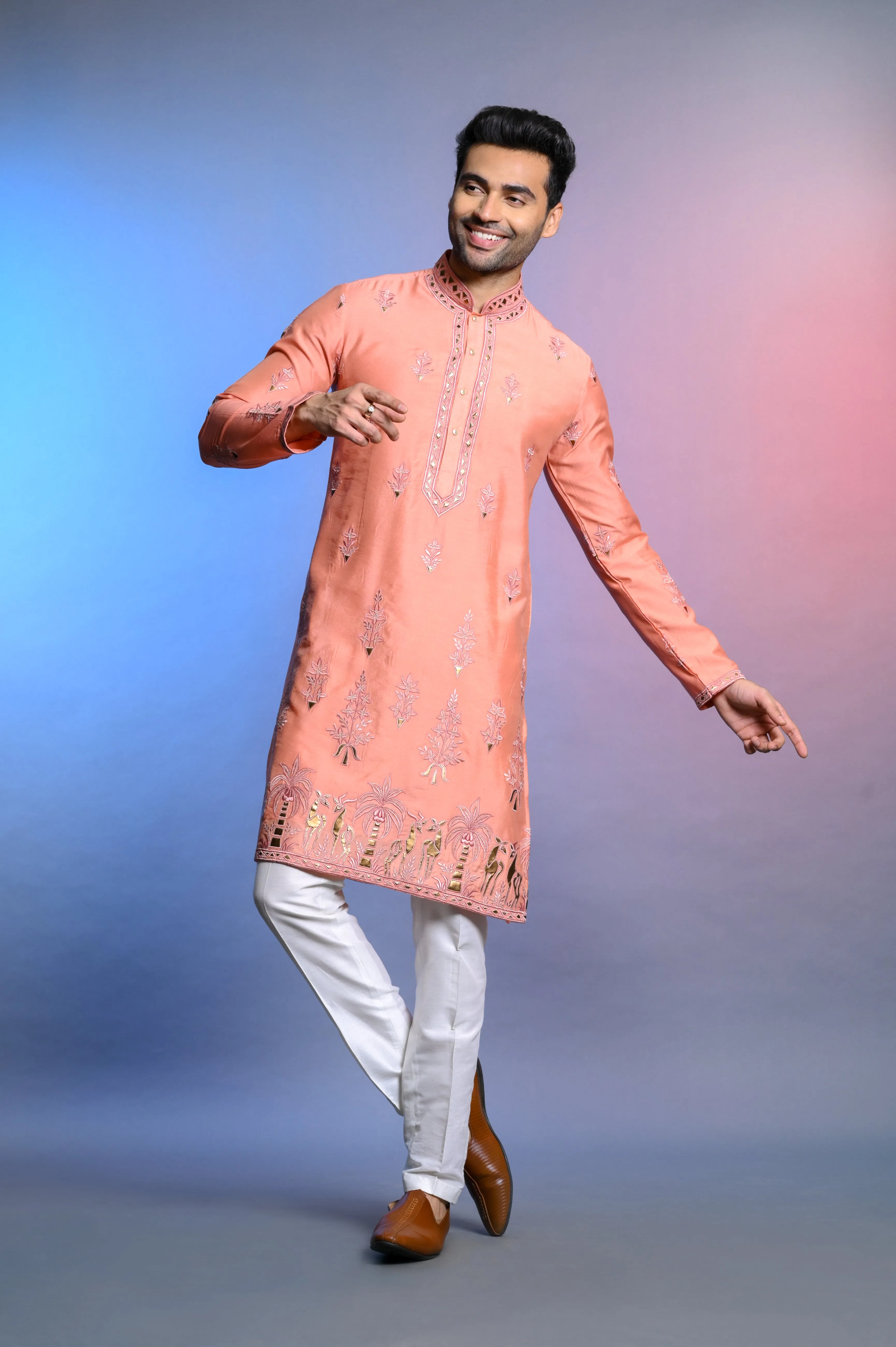 Peach Silk Kurta Set WIth Resham Work