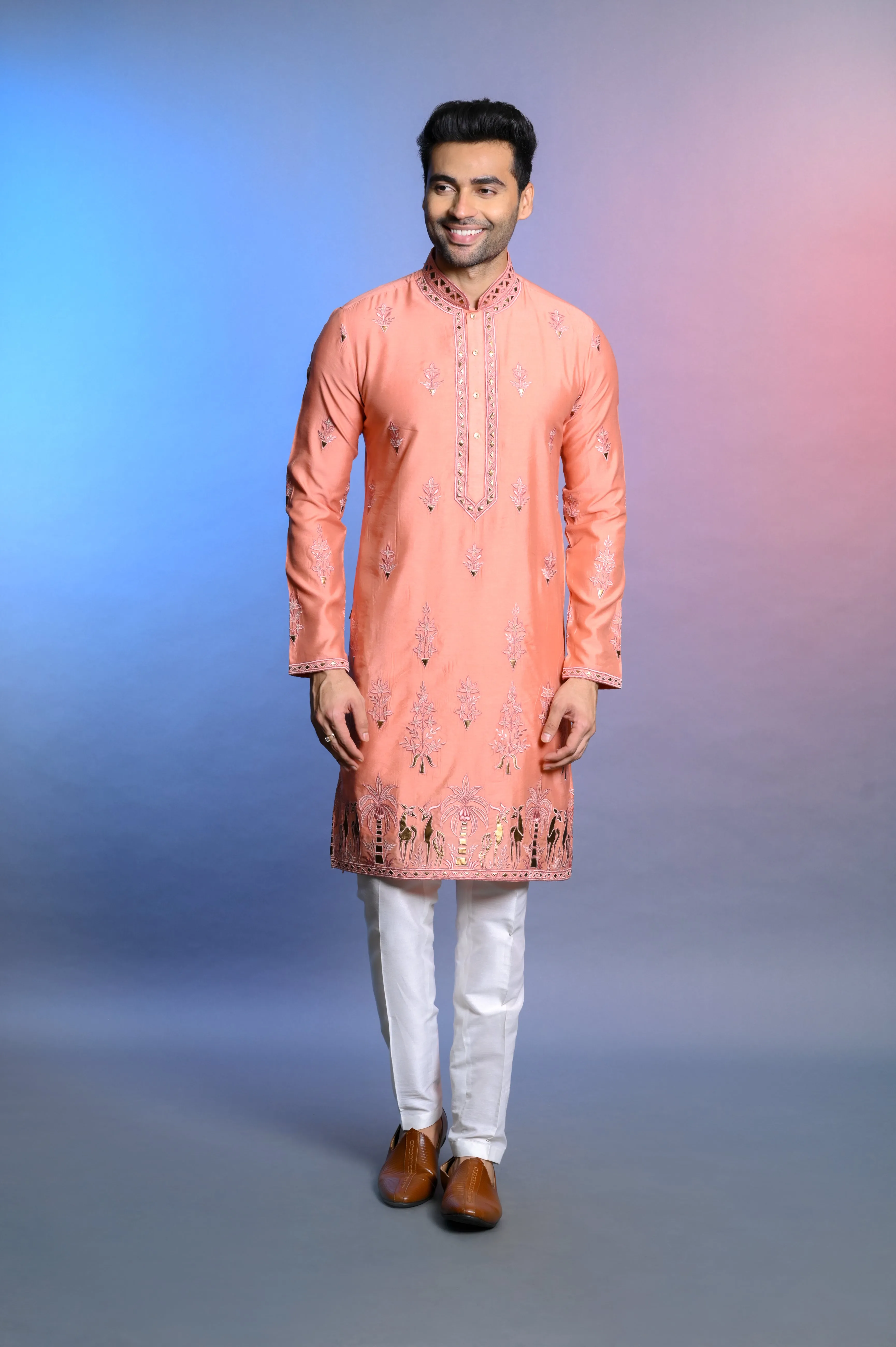 Peach Silk Kurta Set WIth Resham Work