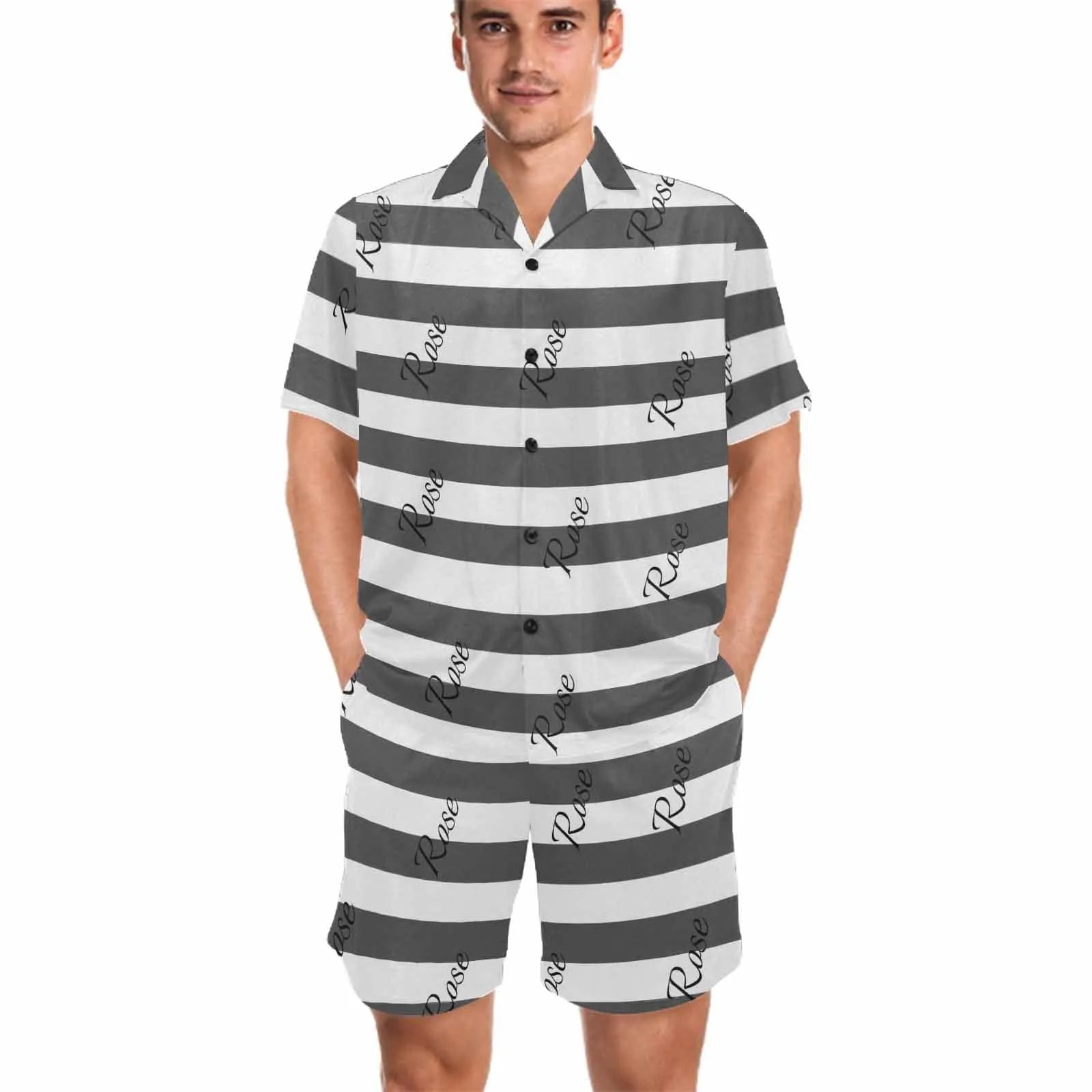 Personalized Name Pajamas for Men Summer Loungewear Custom Stripe Men's V-Neck Short Sleeve Pajama Set