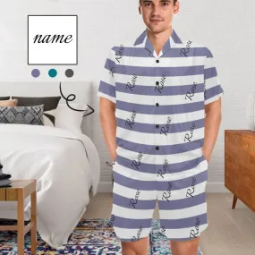 Personalized Name Pajamas for Men Summer Loungewear Custom Stripe Men's V-Neck Short Sleeve Pajama Set