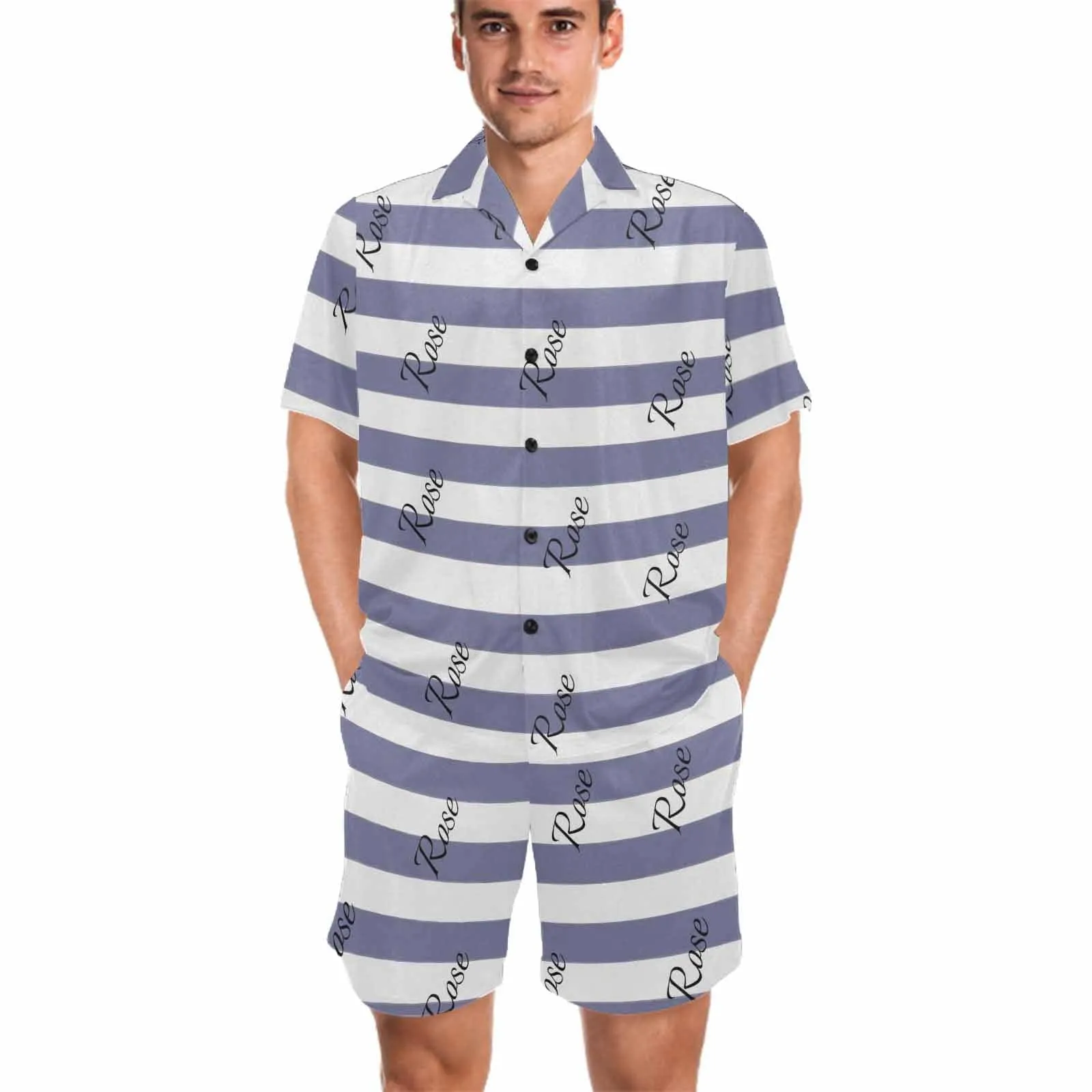 Personalized Name Pajamas for Men Summer Loungewear Custom Stripe Men's V-Neck Short Sleeve Pajama Set