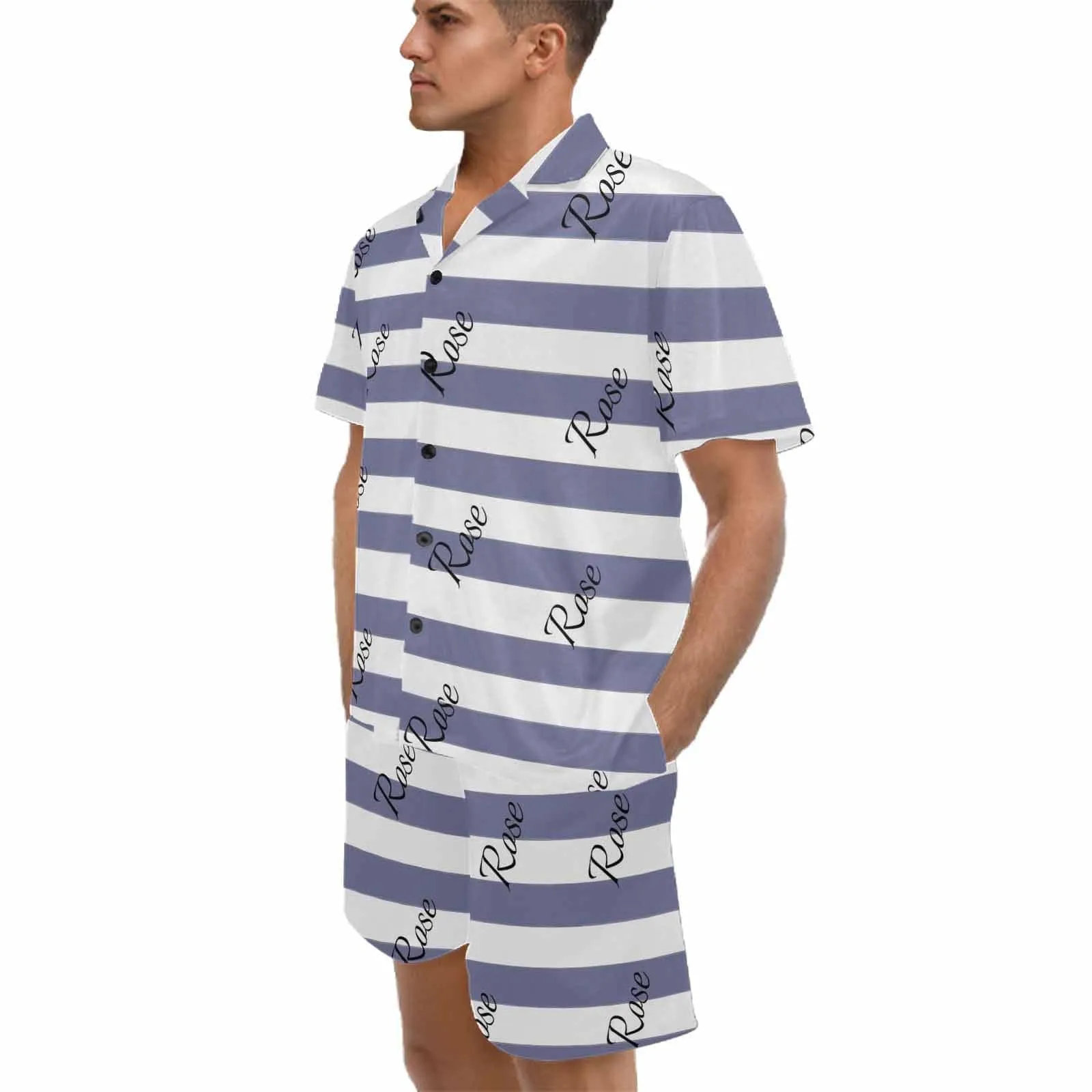 Personalized Name Pajamas for Men Summer Loungewear Custom Stripe Men's V-Neck Short Sleeve Pajama Set