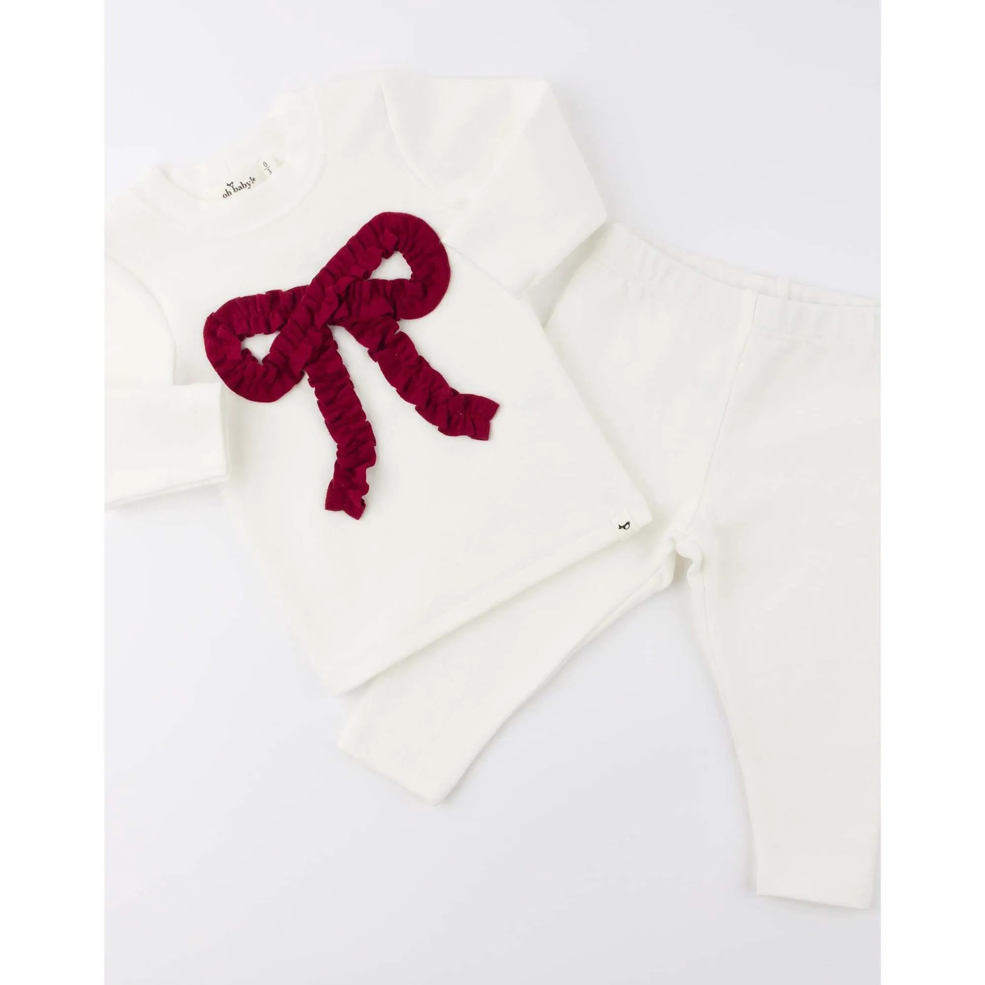 Ruffle Knit Vintage Red Bow Applique L/S 2pc. Set- Cream