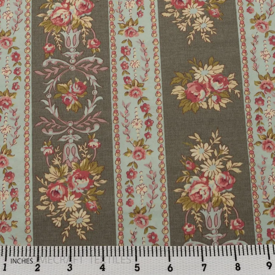 Sage Vintage Bouquet Stripe Cotton Print