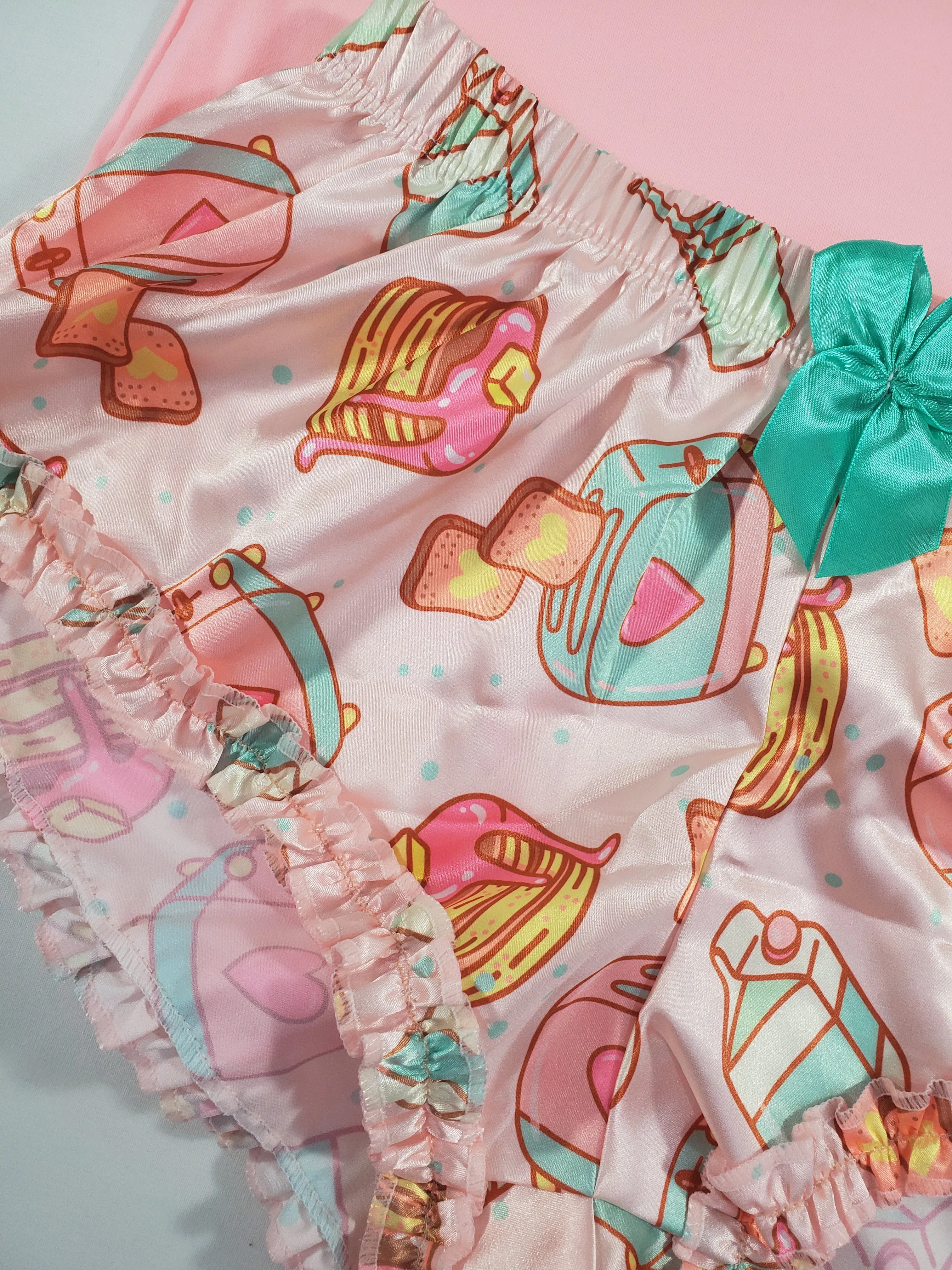 Sexy Women's pajama pink satin shorts breakfast theme pink blouse