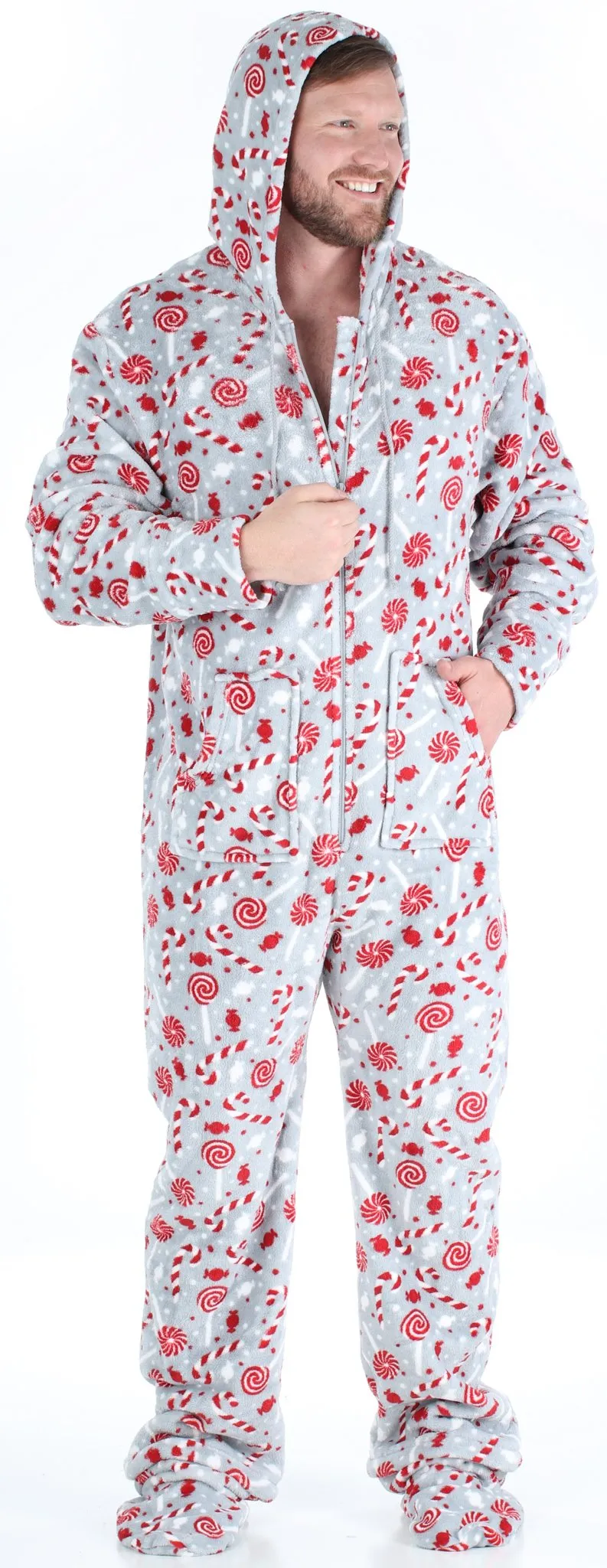 SleepytimePjs Family Matching Christmas Fleece Candy Cane Footed Onesie Pajamas