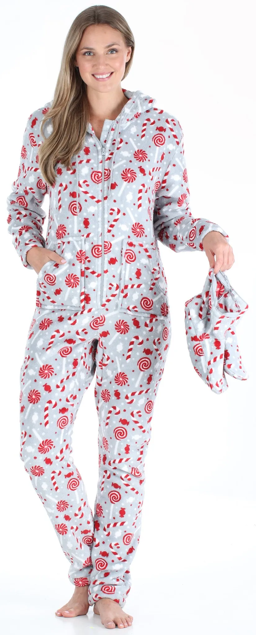 SleepytimePjs Family Matching Christmas Fleece Candy Cane Footed Onesie Pajamas