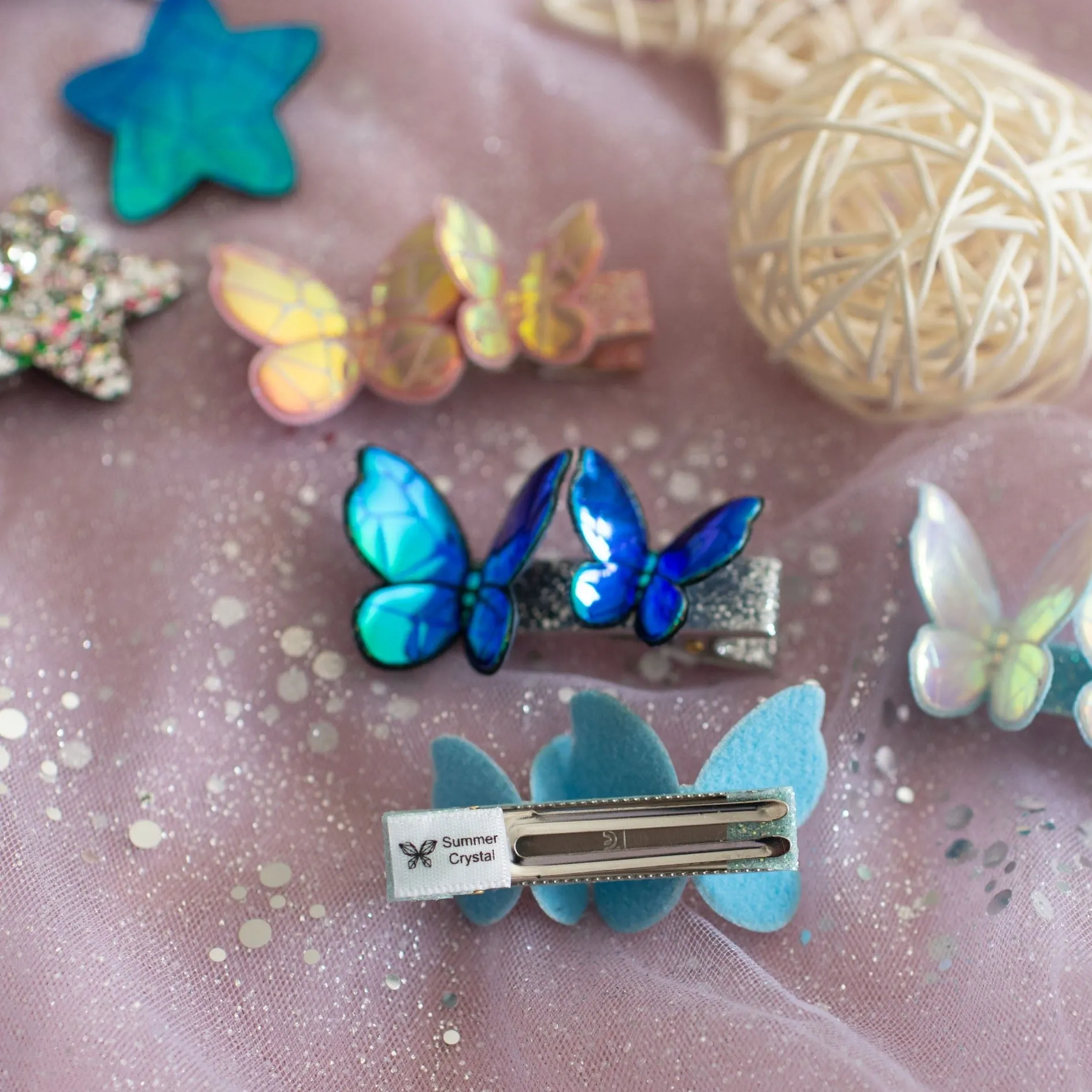 Summer Crystal Holographic Star and Butterfly Hair Clips - Pack of 8