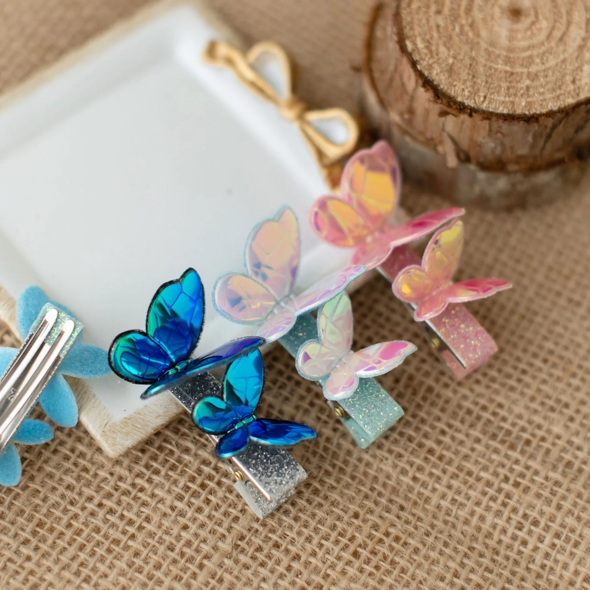 Summer Crystal Holographic Star and Butterfly Hair Clips - Pack of 8