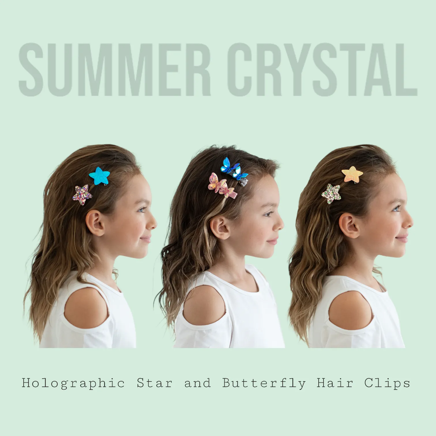 Summer Crystal Holographic Star and Butterfly Hair Clips - Pack of 8