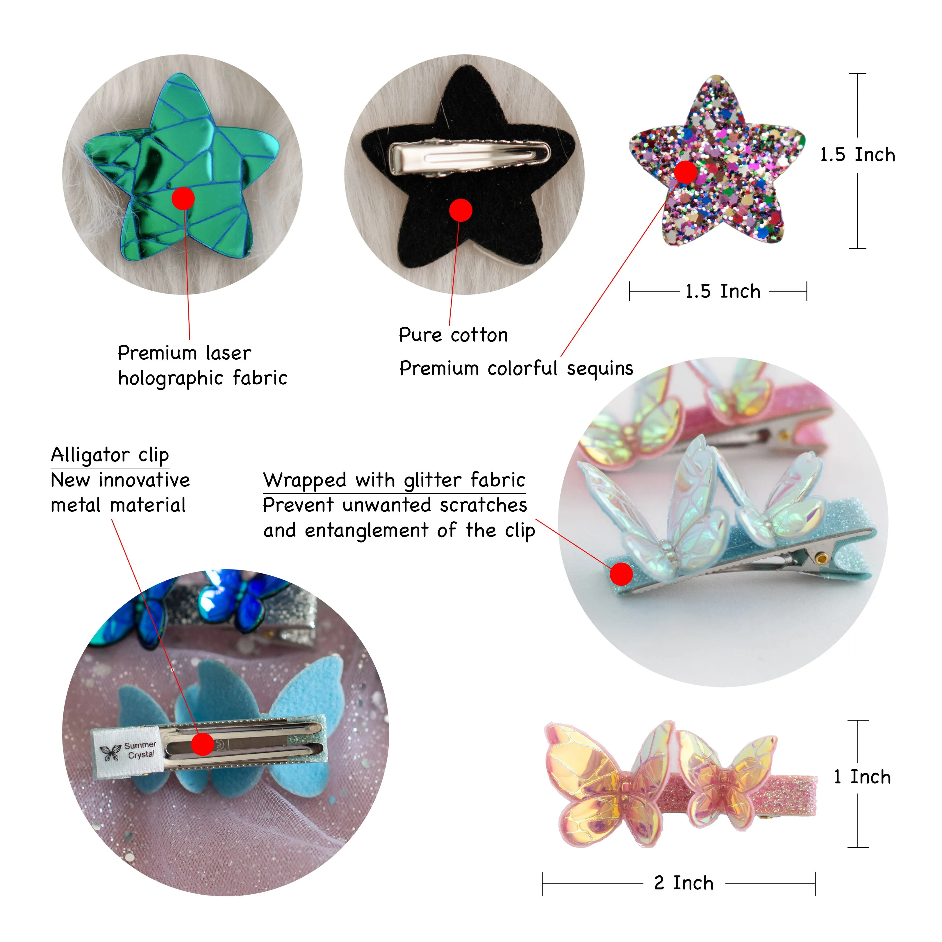 Summer Crystal Holographic Star and Butterfly Hair Clips - Pack of 8