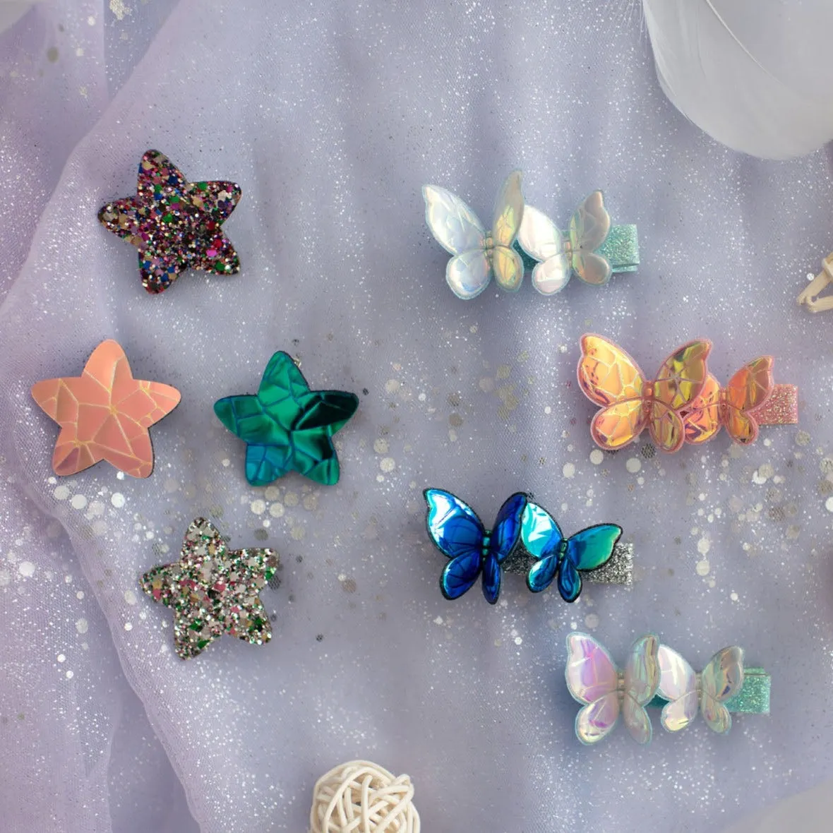 Summer Crystal Holographic Star and Butterfly Hair Clips - Pack of 8