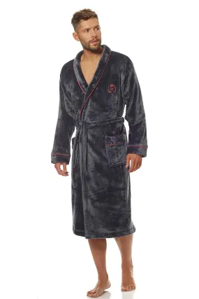 TEEK - Mens Deep Grey Red Royal W Crest Pocketed Bathrobe