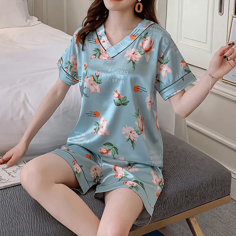 Two-piece Ice Silk Printed Home Clothes