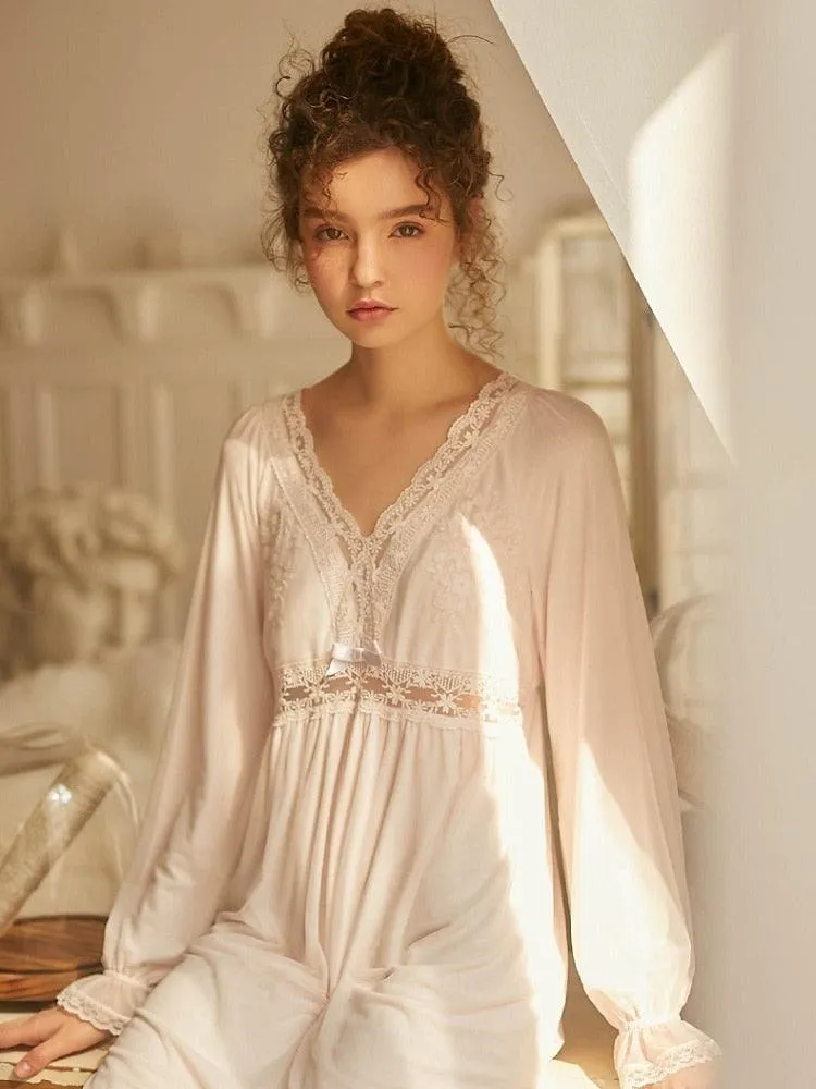 Victorian Nightgown, Vintage Cotton Women's Long Nightgown, Vintage Lace Deep V-Neck Nightdress