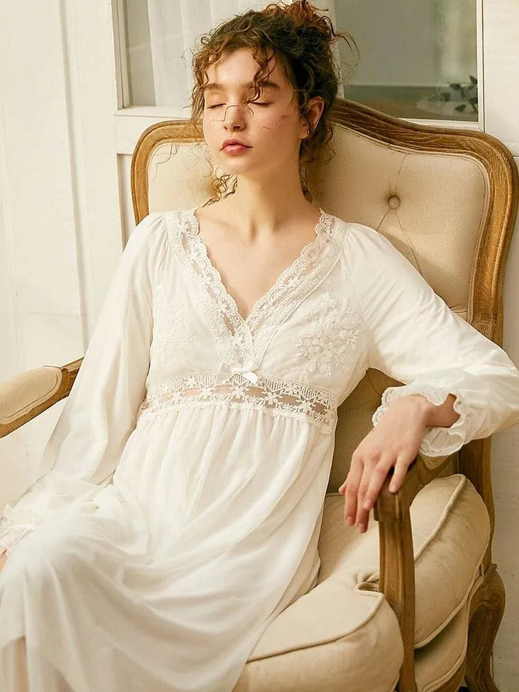 Victorian Nightgown, Vintage Cotton Women's Long Nightgown, Vintage Lace Deep V-Neck Nightdress