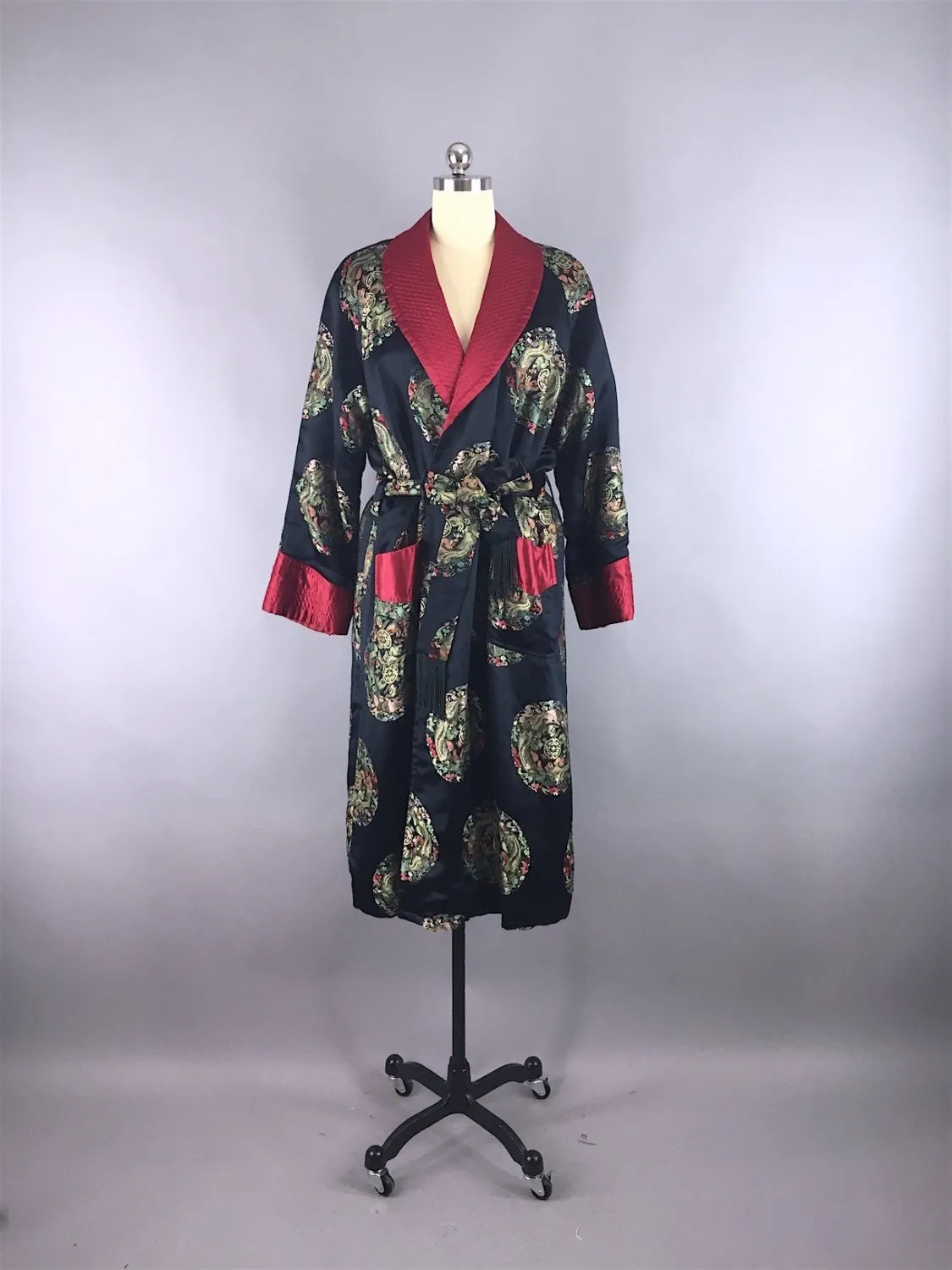 Vintage 1960s Robe / Black Satin Smoking Jacket