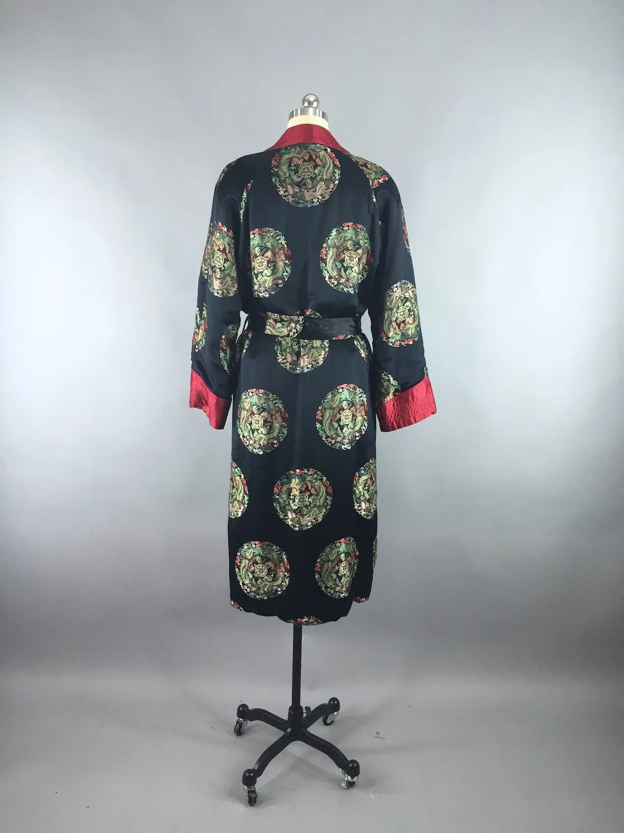 Vintage 1960s Robe / Black Satin Smoking Jacket