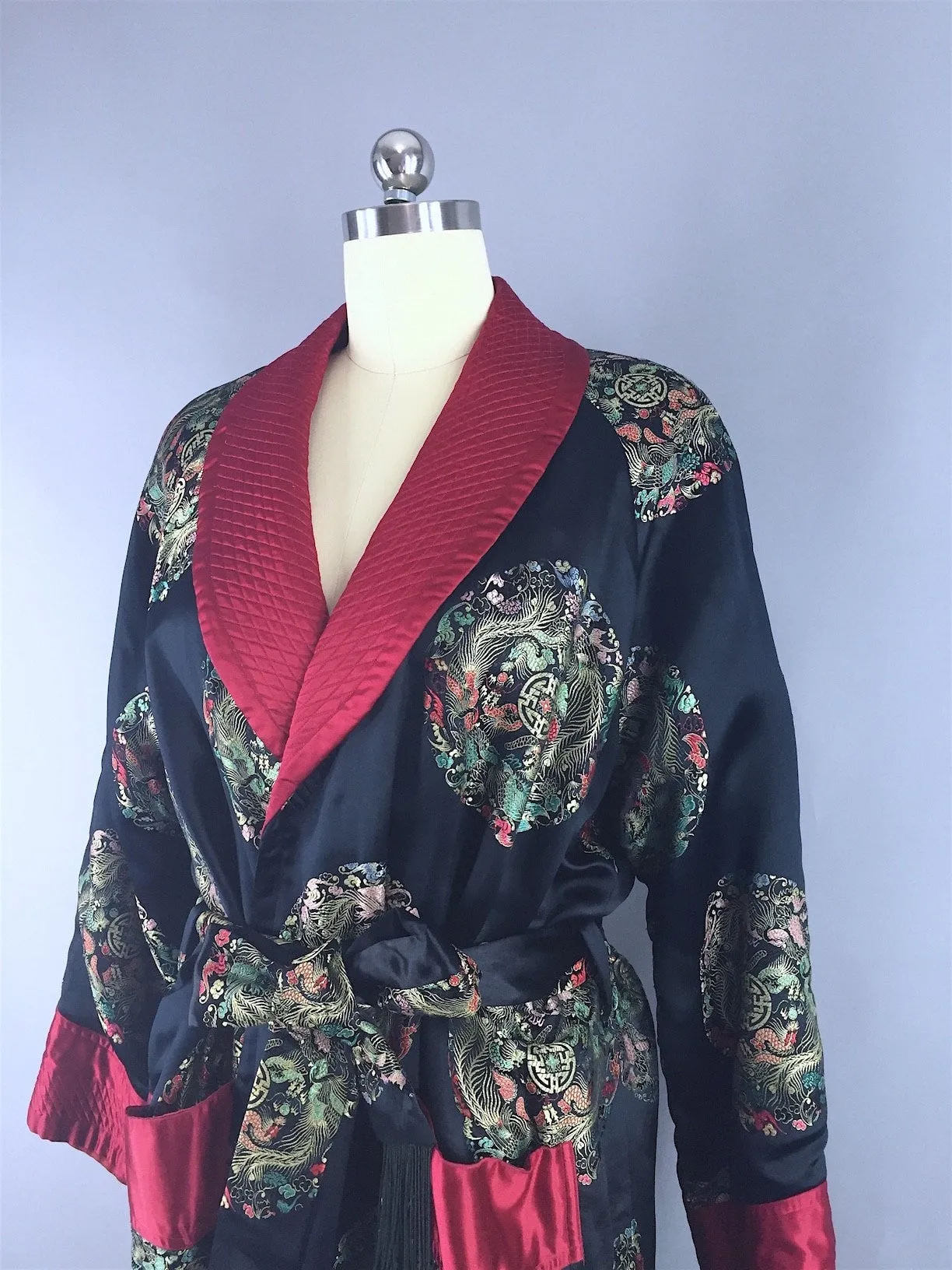 Vintage 1960s Robe / Black Satin Smoking Jacket