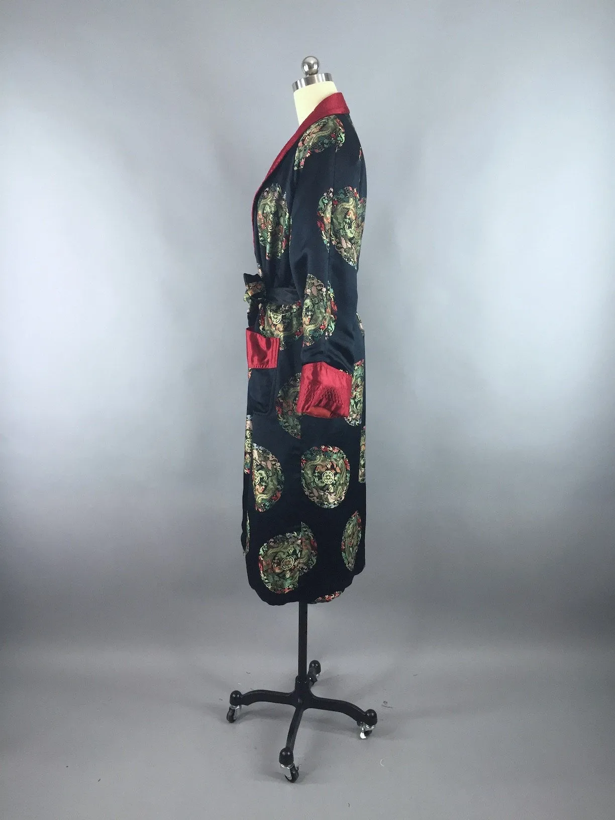 Vintage 1960s Robe / Black Satin Smoking Jacket