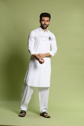 White Cotton Satin Slim Fit Pathani Set