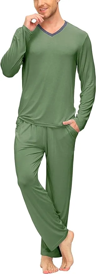 Wholesale Men's Pajama Sets Long Sleeve V Neck 2 Piece Men's Loungewear Sleepwear Sets