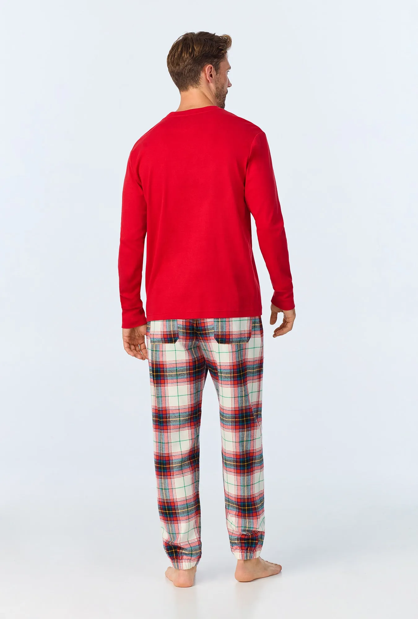 Winter Tartan Men's  Long Sleeve Henley and Jogger Woven Portuguese Flannel  PJ Set