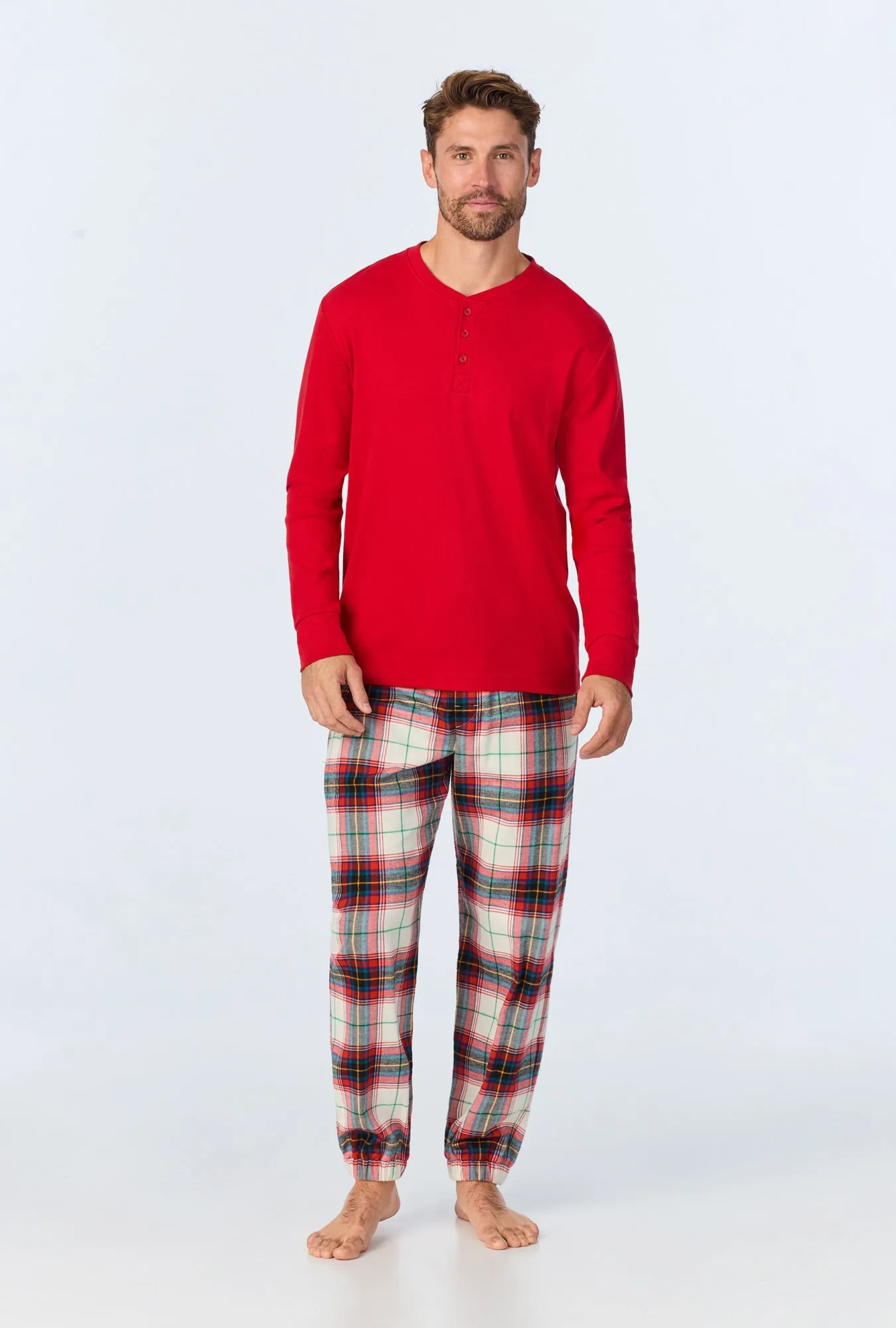 Winter Tartan Men's  Long Sleeve Henley and Jogger Woven Portuguese Flannel  PJ Set