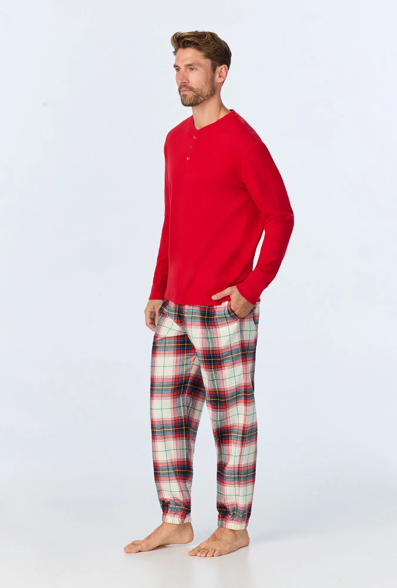 Winter Tartan Men's  Long Sleeve Henley and Jogger Woven Portuguese Flannel  PJ Set