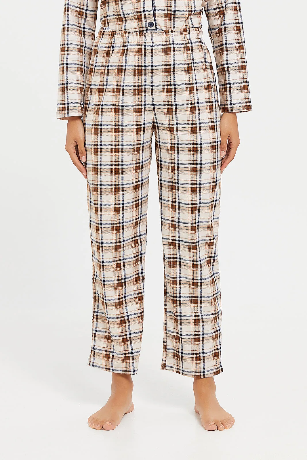 Women Beige Checkered Pyjama Set (2 Piece)