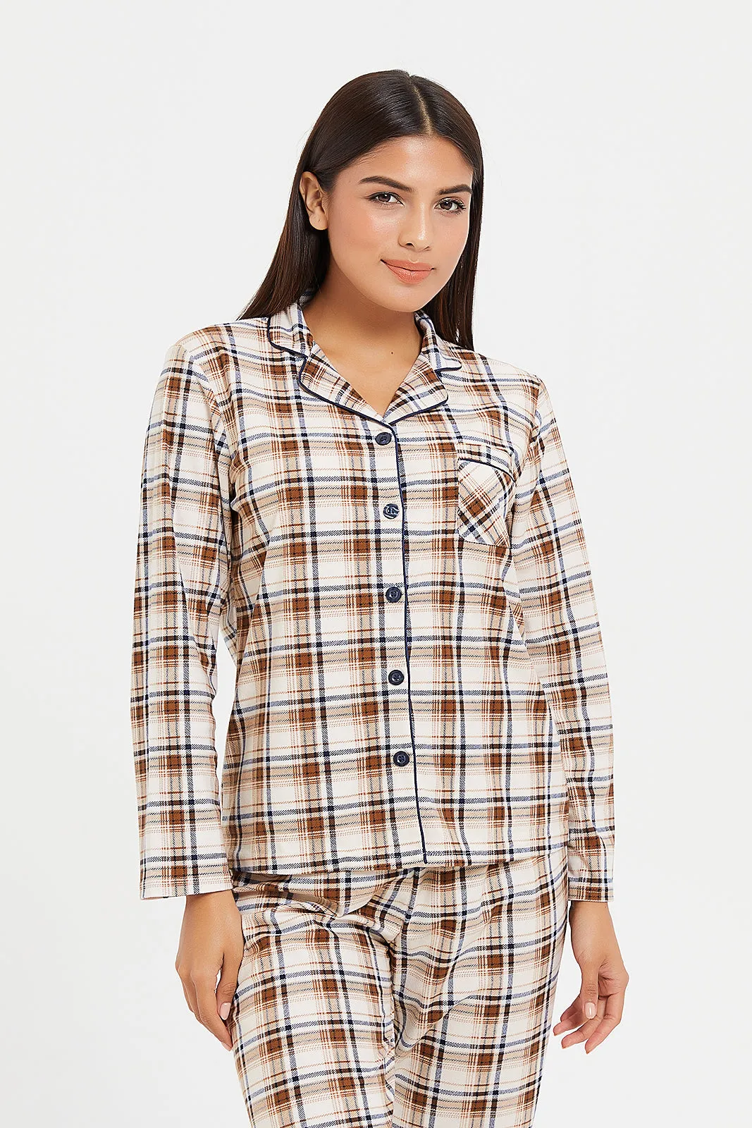 Women Beige Checkered Pyjama Set (2 Piece)