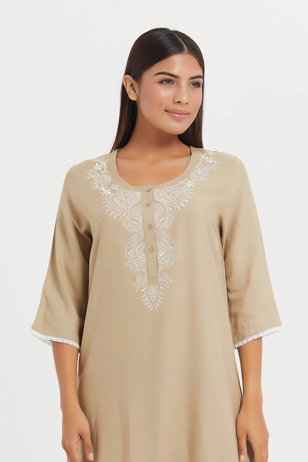 Women Beige Embellished Lace Nightgown