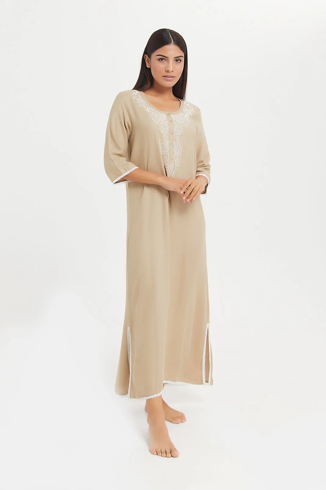 Women Beige Embellished Lace Nightgown