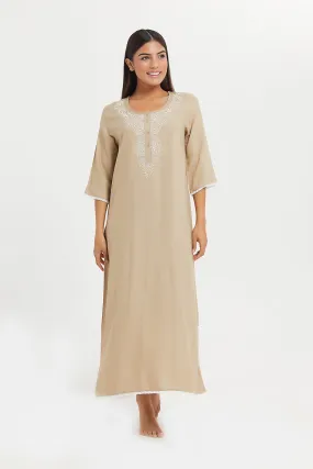 Women Beige Embellished Lace Nightgown