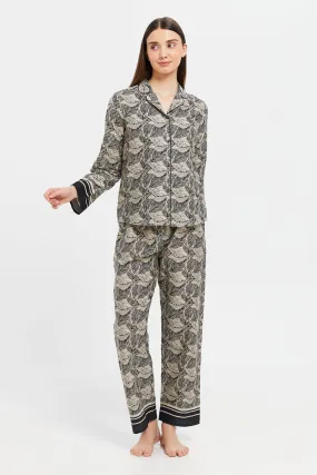 Women Black And Beige Printed Pyjama Set (2 Piece)