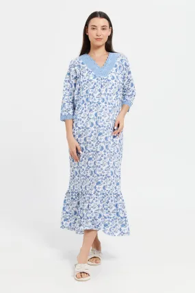 Women Blue Embellished With Lace Nightgown