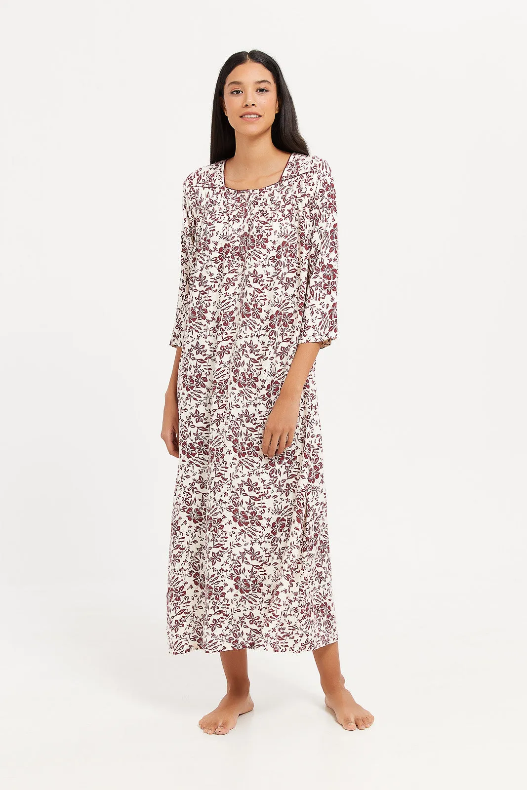 Women Cream And Burgundy Printed Nightgown